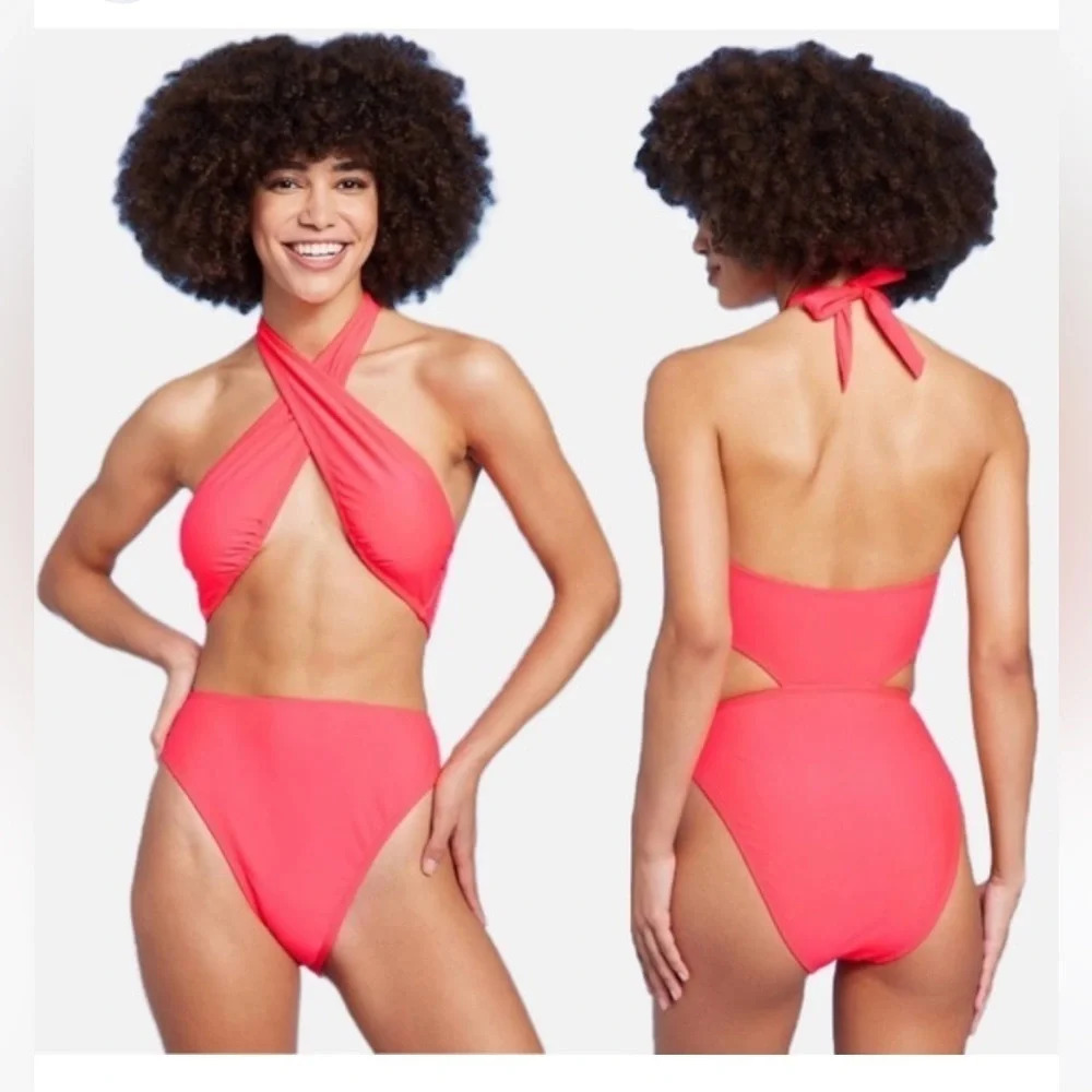 Wild Fable, XS, NWT, daring one piece, cross, front halter tie coral/pink bikini